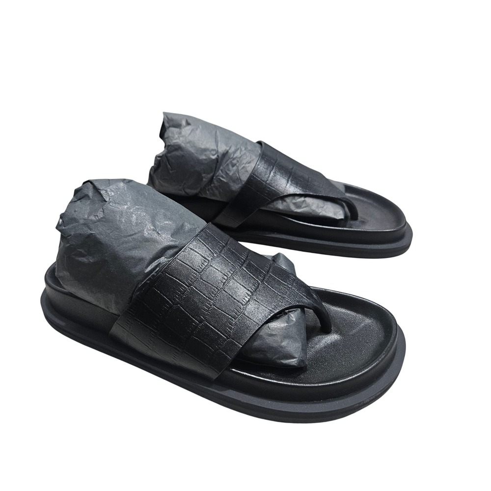 A.Emery Imara Sandal Women 37 Black Croc Embossed Leather Flat Slides Minimalist